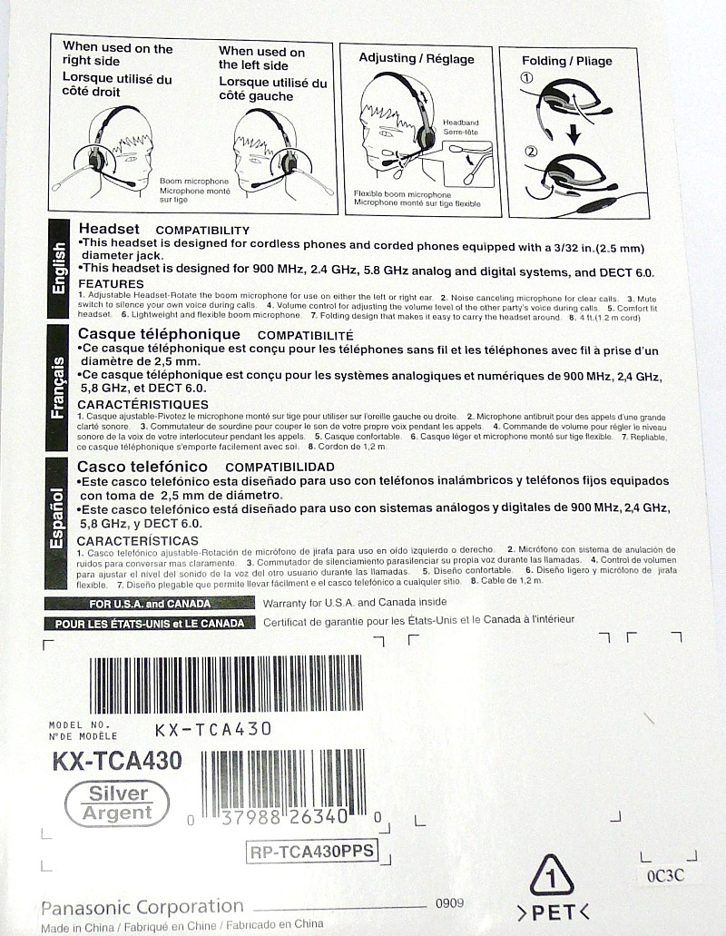 PANASONIC KX TCA430 Comfort Foldable Microphone Headset 037988263400 