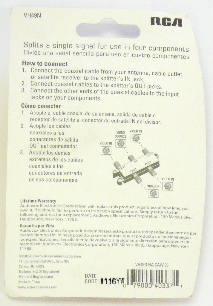 RCA VH49 Splitter (4 way) for Antenna/Cable/TV 079000403371  